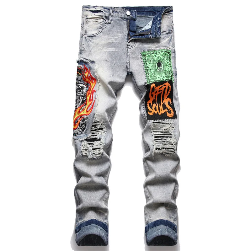 

mens pants 2022 streetwear hip hop rock revival torn slim printed patchwork jeans for men brushed denim pants