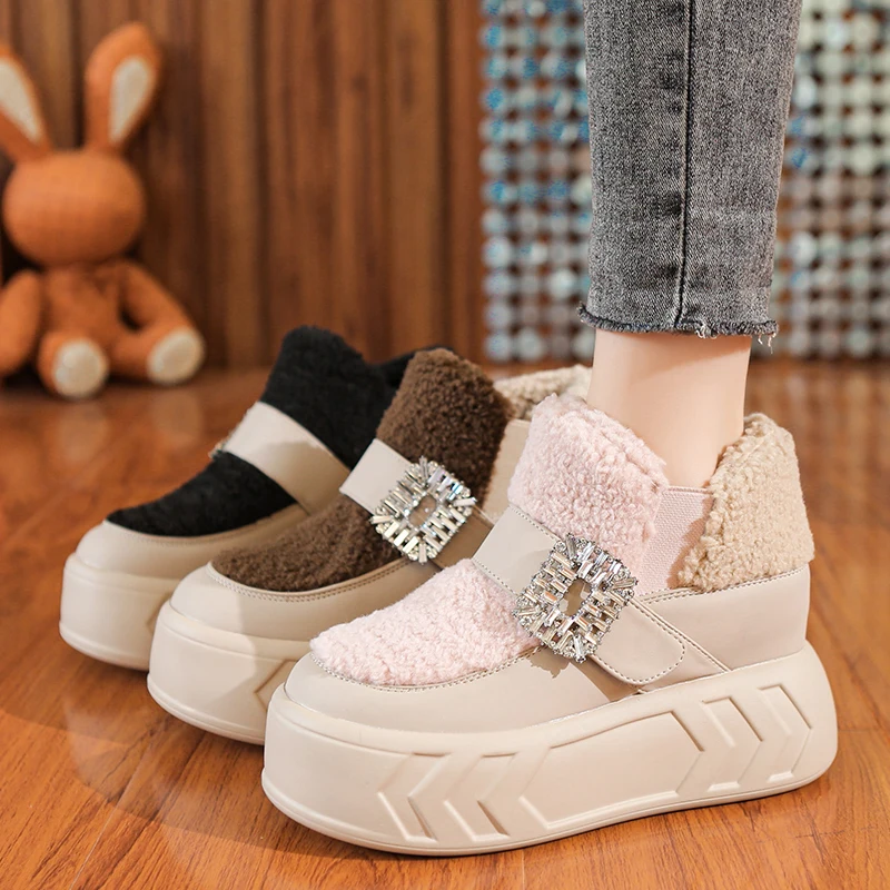 

Loafers Fur Casual Woman Shoe All-Match Increas Height Clogs Platform Shallow Mouth Round Toe New Creepers Winter Lace-Up Slip-O