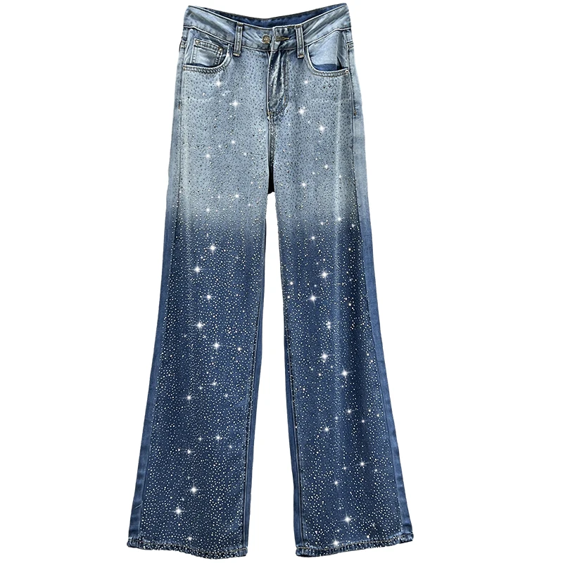 Fashionable Starry Diamond Jeans Women's Spring and Summer 2023 New High Waist Loose Wide Leg Pants Gradient Color Trousers