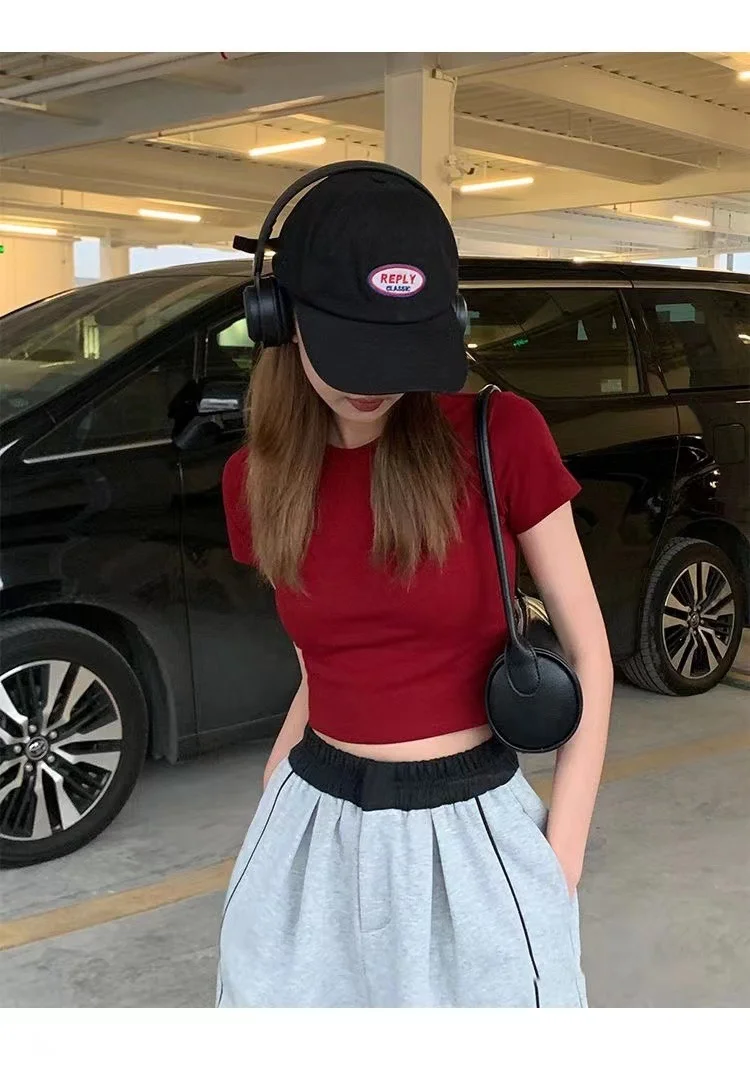Description Picture 2 of itemShort Sleeve T-shirt Women Summer Spicy Girl Slim Fit Short Belly Exposing Red Top Trendy Comfortable Casual Style