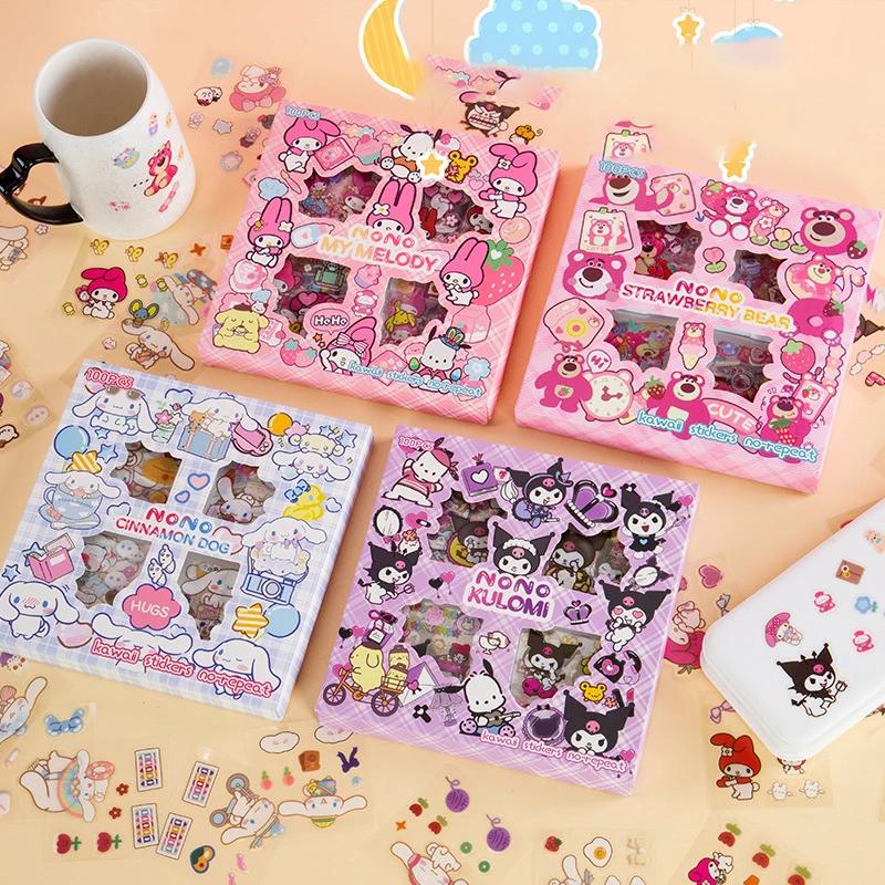 

Miniso Lotso Melody Kuromi Pochacco Diy Stickerd Set Cute 100 Cartoon Handbook Stickersd Rich In Style for Girl Birthday Gifts