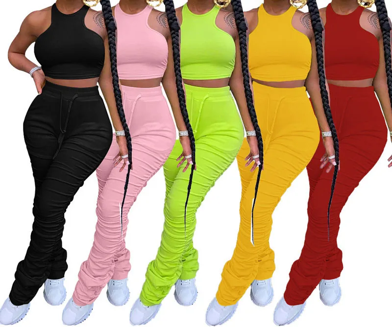 Women's Summer Suits New Solid Color Tight Small Undershirt Pleating Micro Flare Sweatpants Set Fashion Casual Ladies Suit jeans front split micro large high waisted tight elastic straight dragging flared trousers for women