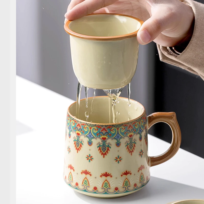 Chinese Style Ceramic Mugs, Home Personal Office Creative Teacup With Cover, Filtered Tea Water Separation, Tea Cups, 400ml, 1Pc