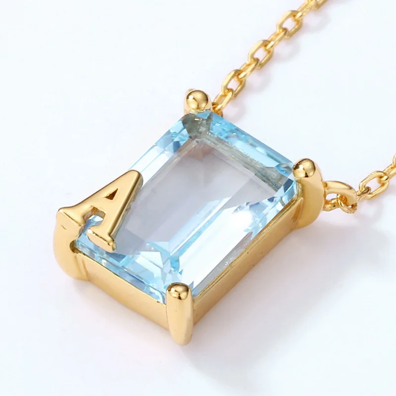 

Women Sky Blue Topaz Pendant Necklace S925 Sterling Silver 10k Gold Plated Natural Topaz Rectangle Charm Lucky Amulets Necklaces