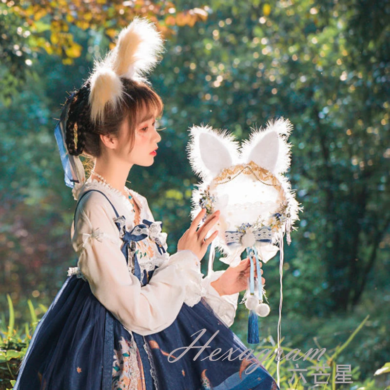 

Luxurious Jade Rabbit Circular Fan Lolita Chinese Style hanfu Accessories Handmade Sweet Lovely Archaic Plush Rabbit Ear Tassel