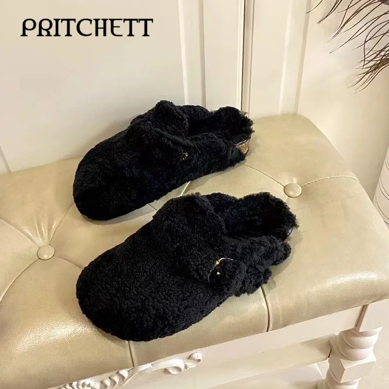 White Fluffy Baotou Muller Slippers Round Head Flat Bottom Multi-Color Warm Slippers Winter Warm Home Casual Women's Shoes