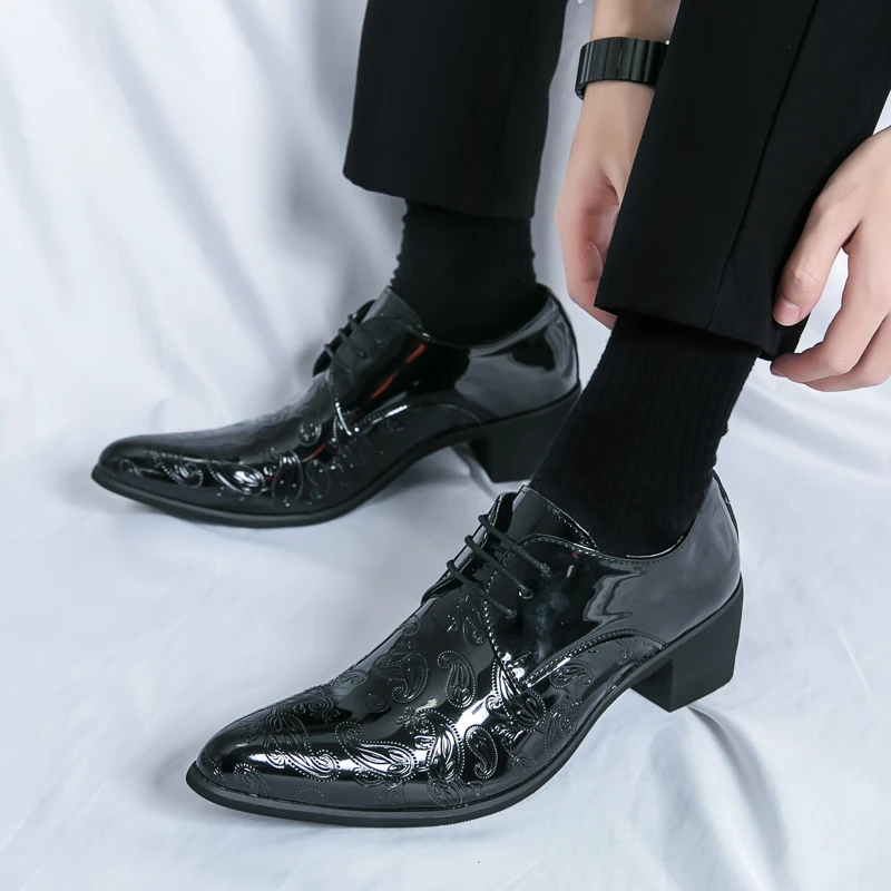 HKDQ Blue High-heeled Shoes For Men High Quality Pointed Toe Italian Luxury Men's Shoes Fashion Lace-up Leather Dress Man