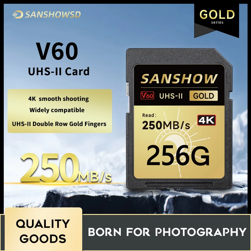 thumbnail image 1 of Tarjeta SD V60, UHS-II, U3, velocidad de lectura 250 MB/s, velocidad de escritura 150 MB/s, 128/256/512 GB, tarjeta de memoria de alta capacidad para video RAW 4K 8K, 1 of 5