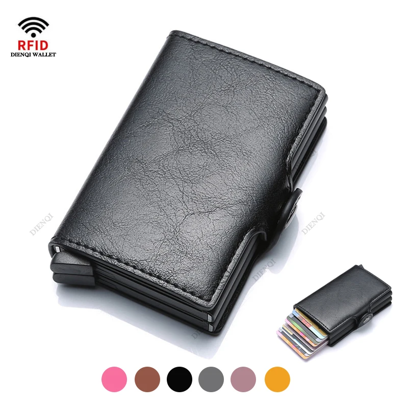 Leather Wallet Antitheft Rfid Credit Card Holder Wallets Men Leather Aluminum Box Metal Male Purse Bag Small Cardholder Case Minimalist Wallet