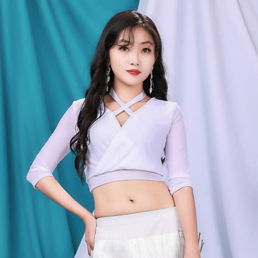 

Женский топ для танца живота с леопардовым принтом, эластичный кроп-топ из спандекса с полурукавами, с перекрестной горловиной, для девушек