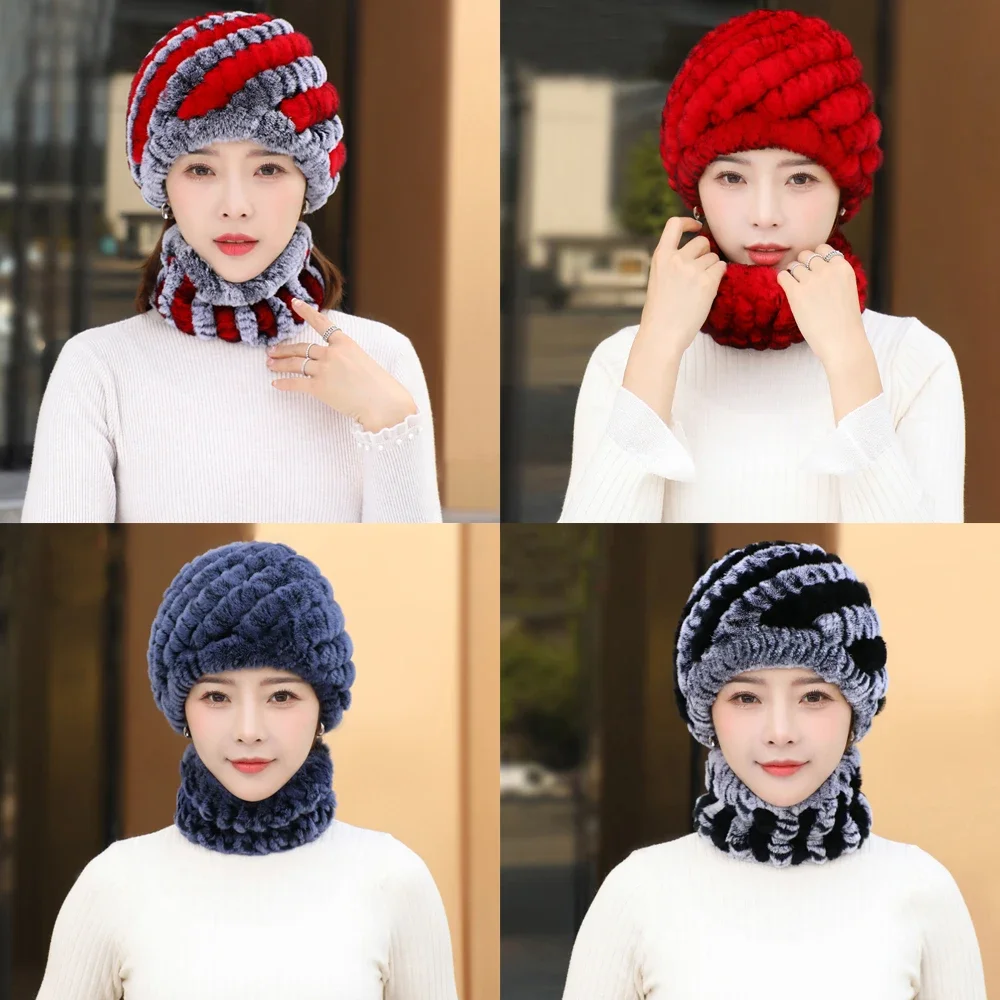 women-real-rex-rabbit-fur-hat-scarf-winter-warm-beanie-cap-neckerchief-sets-red-blue