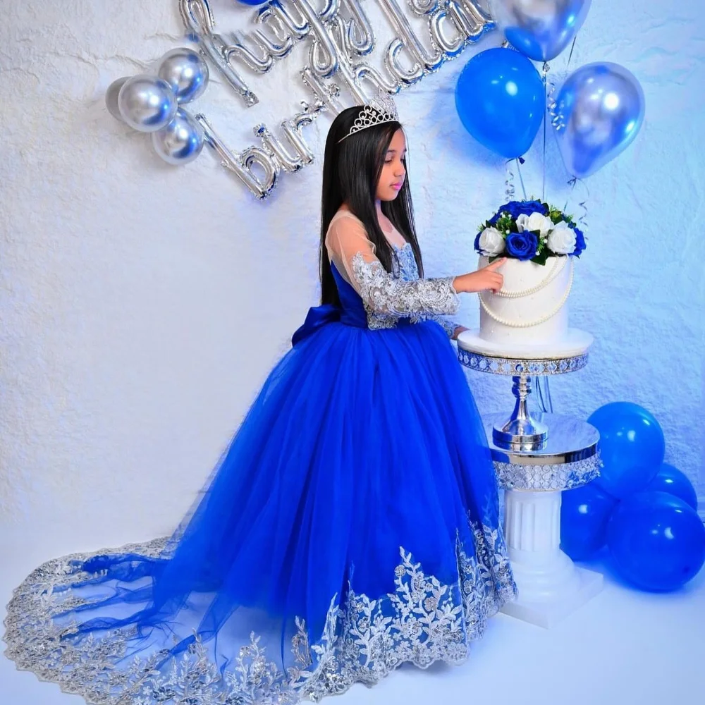 Customized Royal Blue Princess Flower Girl Dress for Wedding Lace Appliques Full Sleeve Baby Birthday Dress First Communion Gown 4
