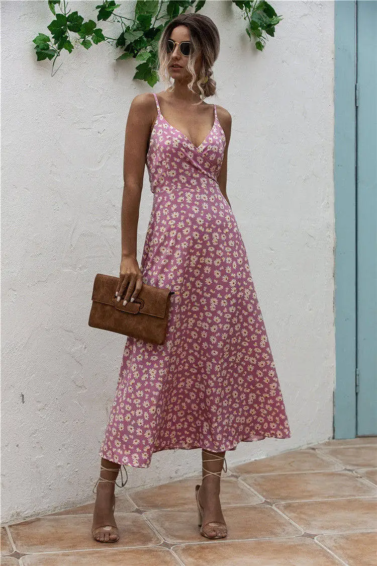 

Fancy Women's Dress With High Waisted V-Neck Floral Bohemian Style