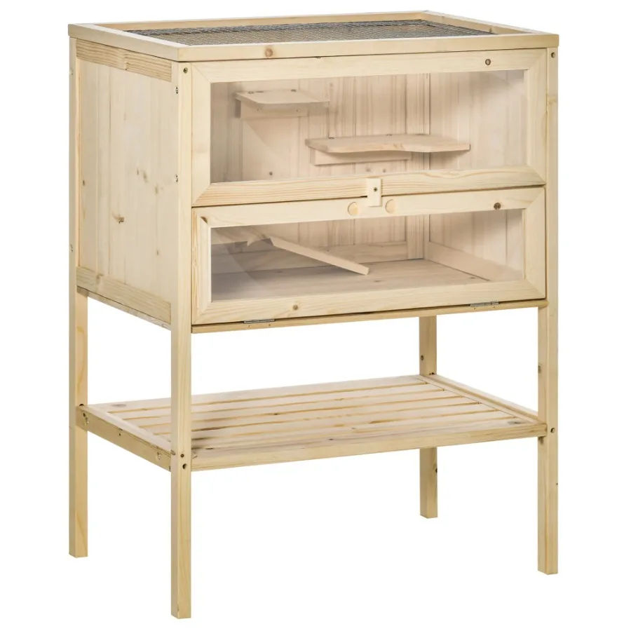 3-Tier Wooden Small Animal Cage with Openable Top Front Door Storage Shelf for Hamsters Mice Rats