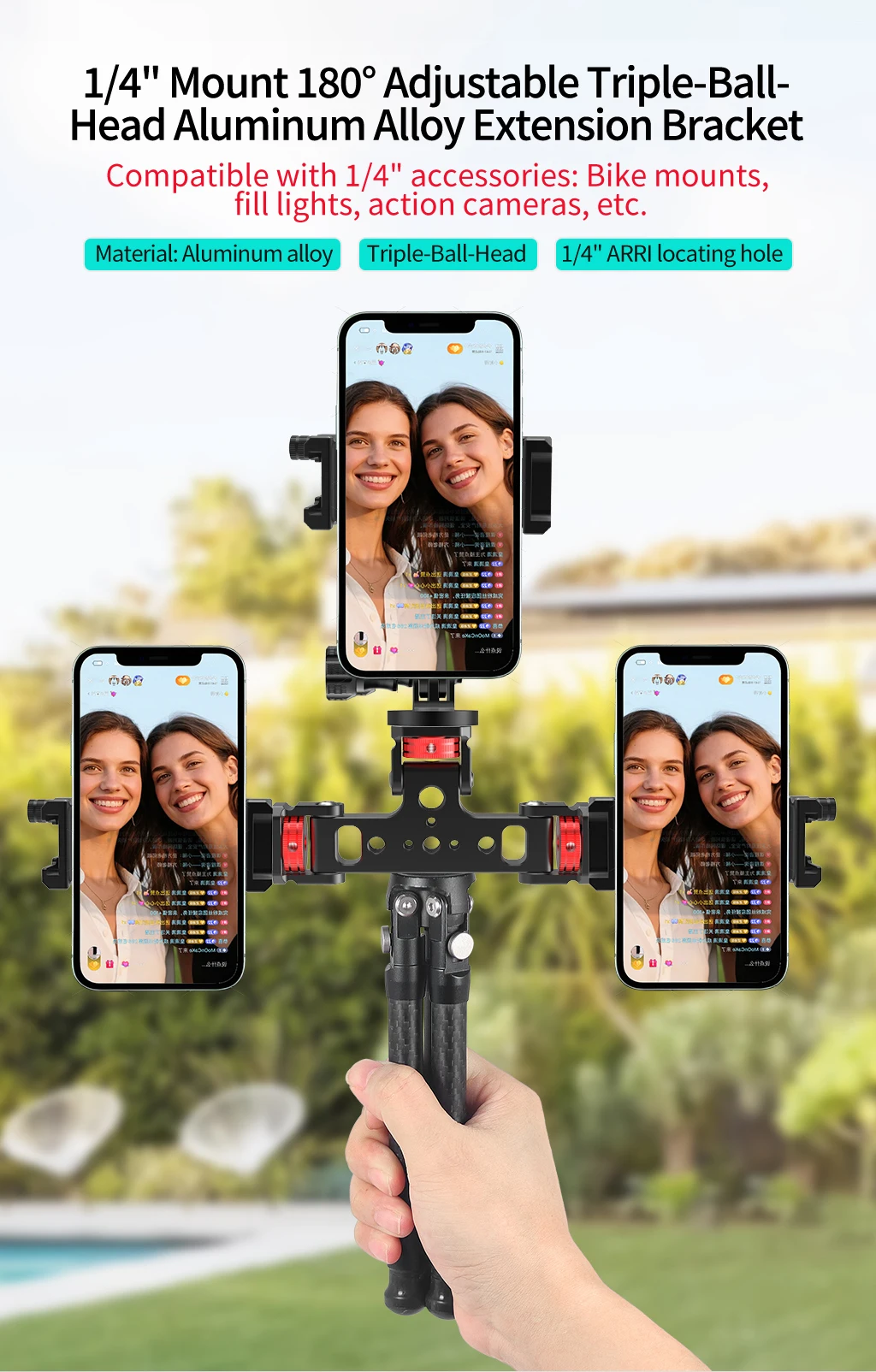 Aluminium-Dreifachmontageadapter 1/4 3/8 Zoll/ARRI-Gewinde 180 ° -360 ° Neigung für Action DSLR Kamera Telefon Stativ Verlängerung Halterung Halterung – Detail 3