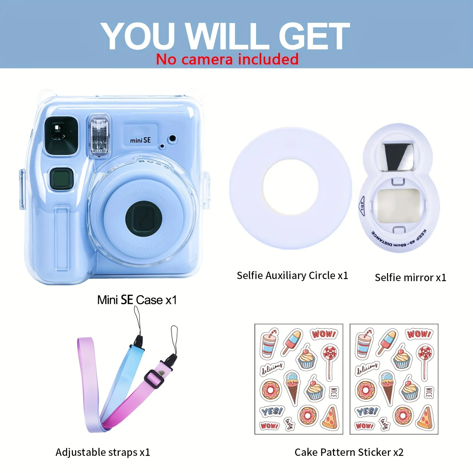 1 Set Camera Case for Instax Mini SE Camera-with Selfie Mirror, Stickers and Adjustable Strap-(Camera Not Included)