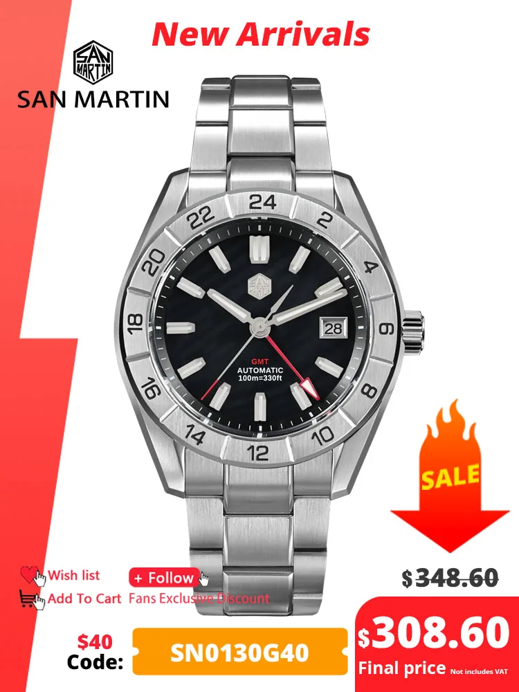 San Martin 42Mm Mop Dial Orologi Di Lusso Da Uomo Business Dress Watch Nh34 Gmt Automatico Meccanico Zaffiro Luminoso 10Bar Sn0130