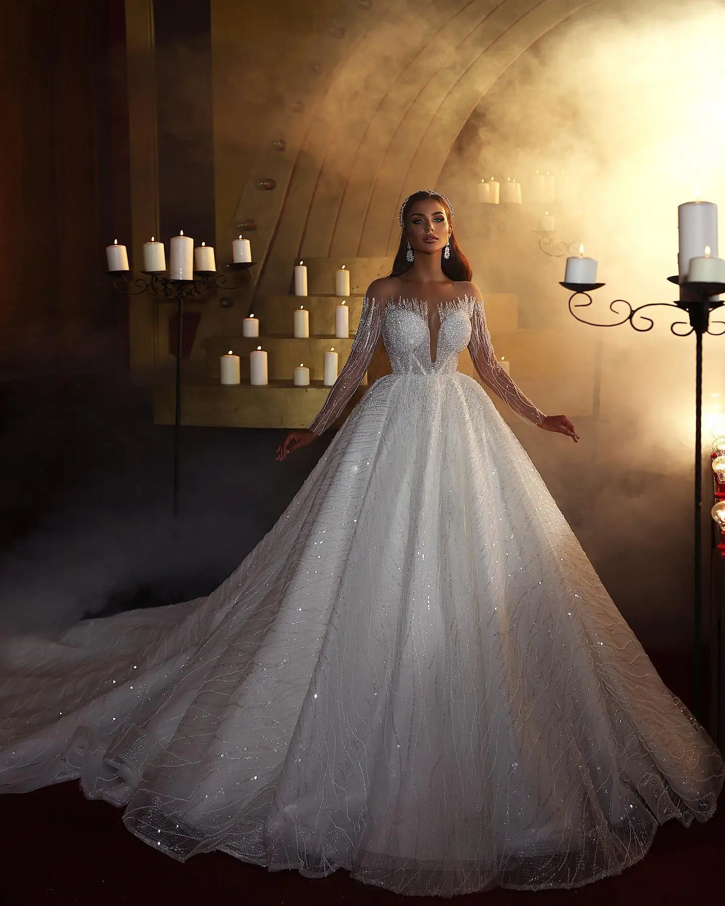 

Великолепное свадебное платье с прозрачным воротником и длинными рукавами, искусственная аппликация, индивидуальный пошив, платье невесты, элегантные женские платья