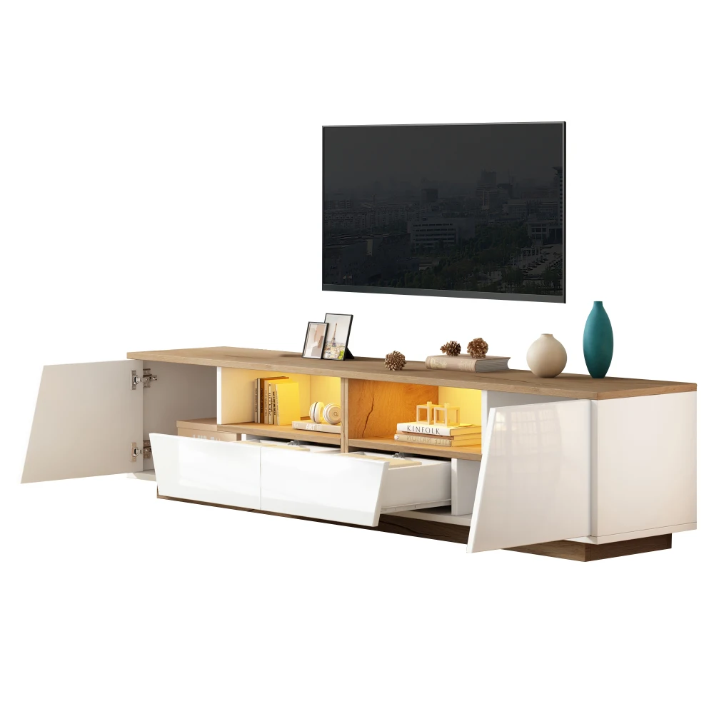 180 x 40 x 46 cm großer TV-Schrank mit 2 Schubladen und LED, Hochglanz-Lowboard und TV-Tisch, geeignet für 75-Zoll-Fernseher, Weiß + Holzfarbspleiß – Detail 7