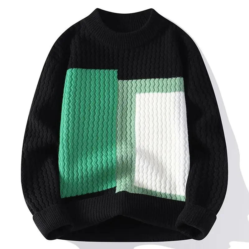 Fashion O-Neck Spliced Loose Korean Sweaters Men\'s Clothing 2023 Autumn Winter Oversized Knitted Casual Pullovers All-match Tops