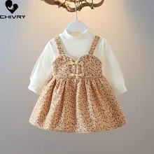 

Girls Dresses Spring Autumn 2022 Kids Baby Girls Floral Long Sleeve A-line Dress Cute Fake Two Pieces Patchwork Princess Dresses
