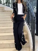Freeacy Women's Casual Pants Set Notched Collar Long Sleeves Coat and High Waist Side Buttoned Pants Office Ladies Two-piece Set