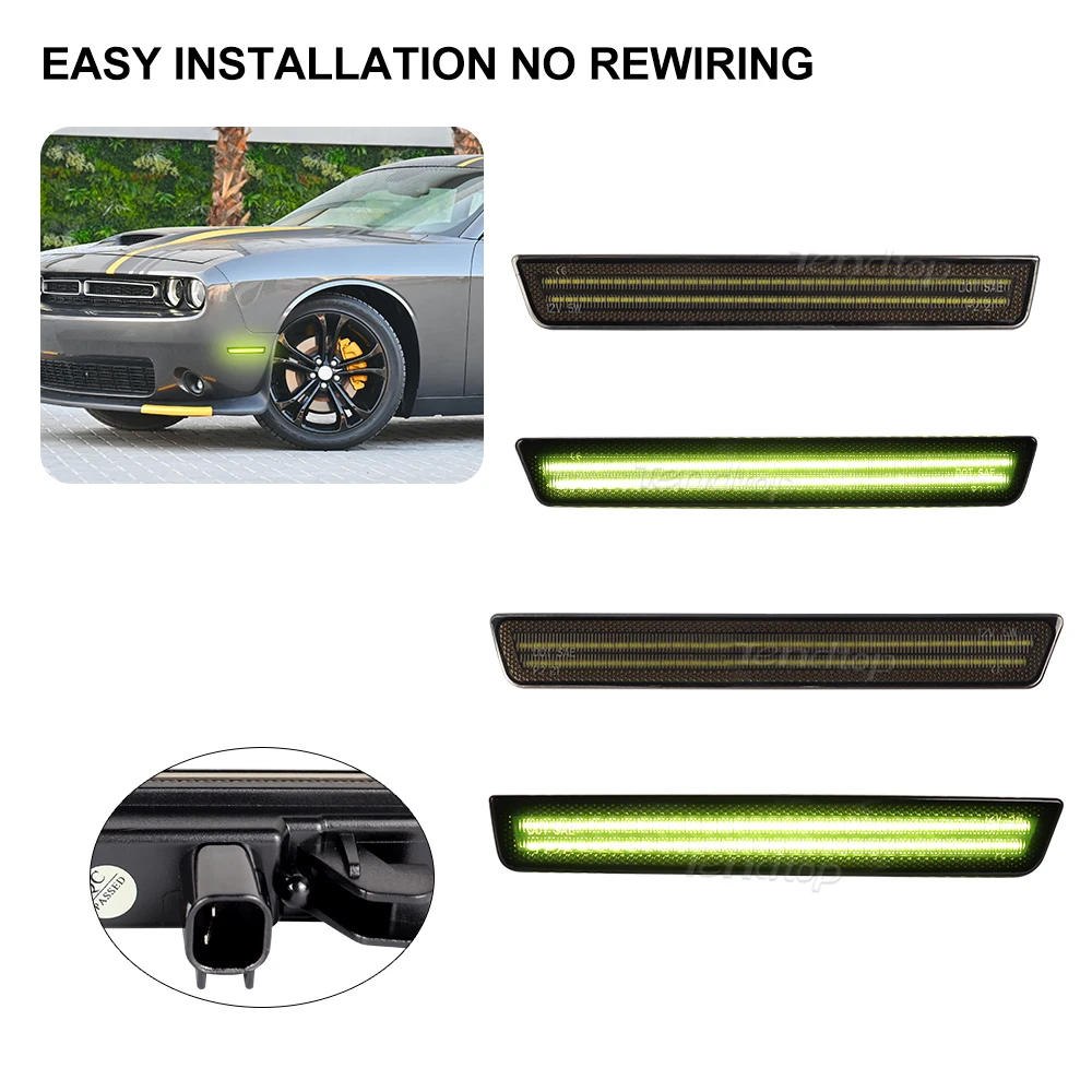 

Green Lights Smoked Black LED Side Marker Turn Signal Light Front Rear Bumper Indicator For Dodge Challenger 2015-2023