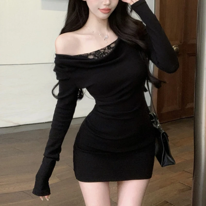 y2k Dress Women Sexy Clothes Lace Patchwork Slash Neck Off Shoulder Long Sleeve Bodycon Dresses Evening Party Dresses