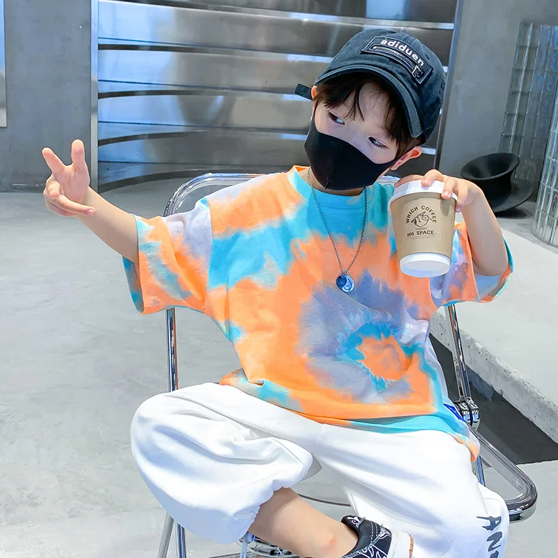 New Summer Fashion Boys T-shirts Tie-Dye Korean Short Sleeve Streetwear Boys Clothes Tshirt Top Tees Size 4 5 7 9 11 13 14Years