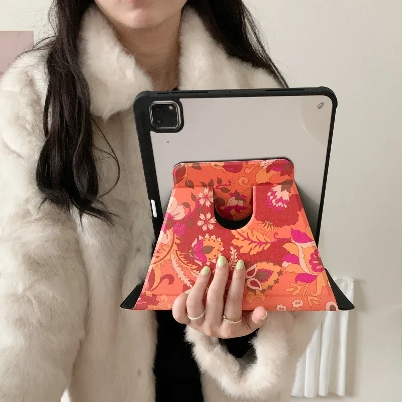 360 Rotating Vintage Boho Floral Tablet Case with Pencil Holder