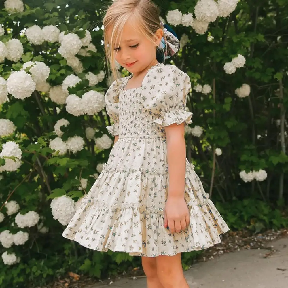 Short Sleeve Dress for Girl Polka Dot Kids Floral Evening Party Dresses Children Clothing Girls Birthday Smocked Vestidos 3-8T