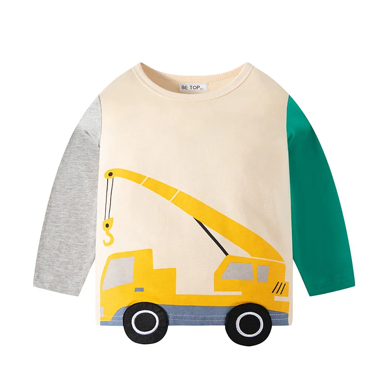 thumbnail image 1 of Camiseta de manga larga para niños, ropa de camisa Base de coche con bloques de Color para niños medianos y pequeños de dibujos animados de otoño, 1 of 4