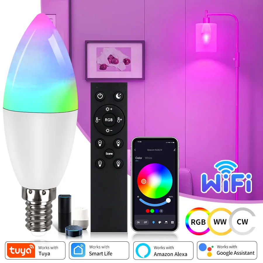 Tuya WiFi E14 Smart Bulb 220V Brightness Timer RGB Colour Alexa Google Home Voice Control