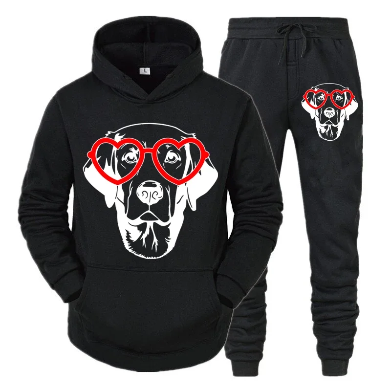 thumbnail image 1 of Conjunto de dos piezas con estampado de perro divertido y gafas de corazón para hombre, sudadera de manga larga a la moda de otoño y pantalones deportivos con cordón, 1 of 4