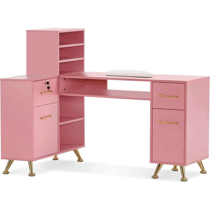 

L-Shaped Manicure Table with Drawers and Shelves for Storage, Salon Corner Nail Desk, Makeup Dressing Station 2866