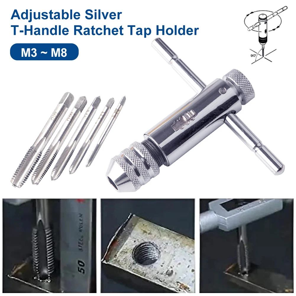 

1pcs Silver T-Handle Ratchet Tap Holder Wrench Set Hand Tools With 5pc M3-M8 Machine Screw Thread Metric Plug T-shaped Tap