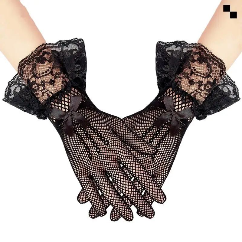 

Women Short Wedding Bridal Gloves Lace Ruffle Fish Net Brides Bridesmaid Fingers Gloves