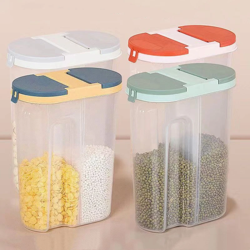 Double Grid Plastic Cereals Food Storage Jar Container Kitchen Organizer Eco Friendly Cookie Box Dried Grains Tank with Lids 5