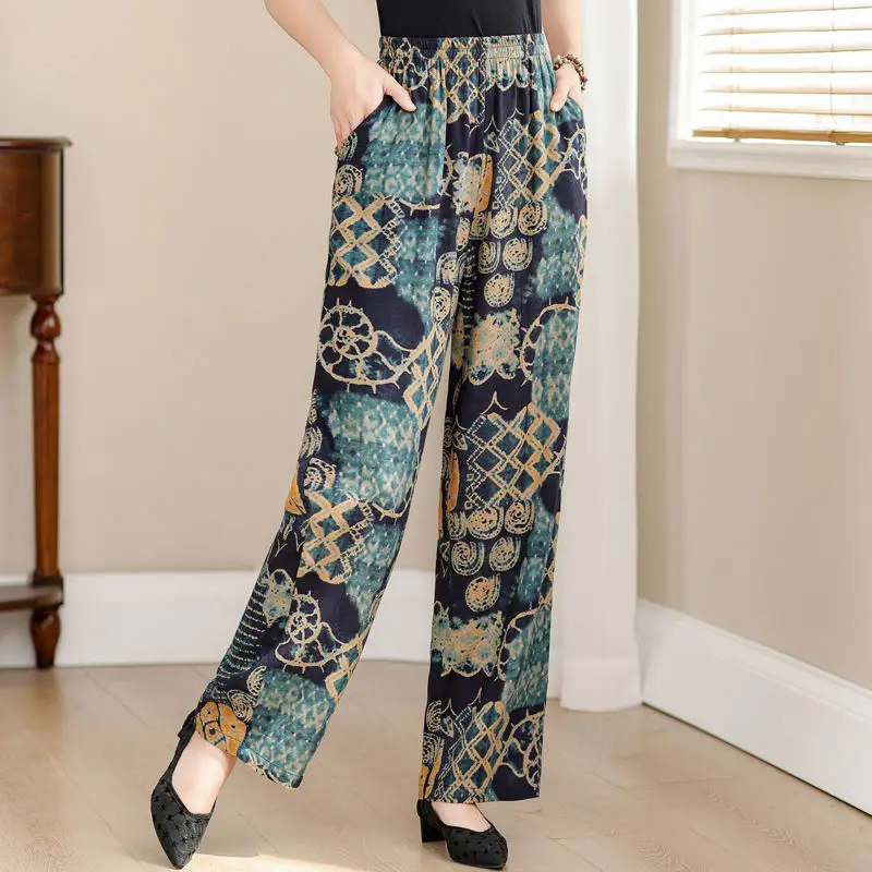 Spring Summer Women's Clothing Elastic High Waisted Pockets Sweatpants Plant&Flowers Printing Trousers Straight Elegant Pants