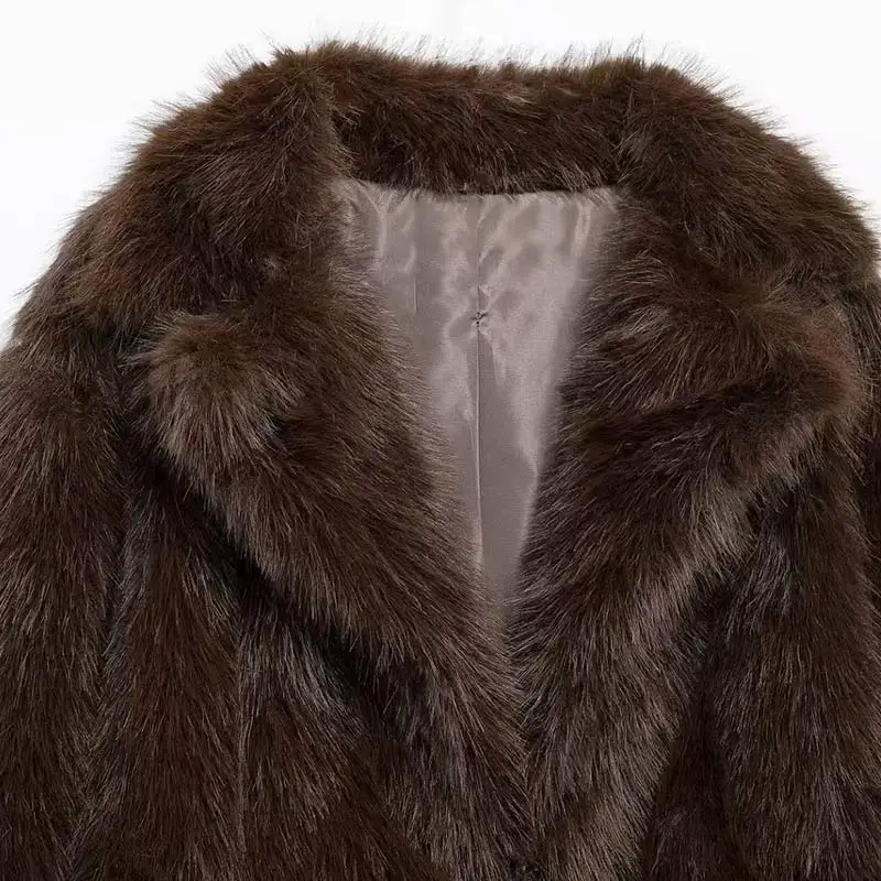 Chaqueta de piel sintética marrón de lujo para mujer, abrigo grueso y esponjoso de manga larga con solapa extragrande, ropa de calle cálida de lujo para invierno.
