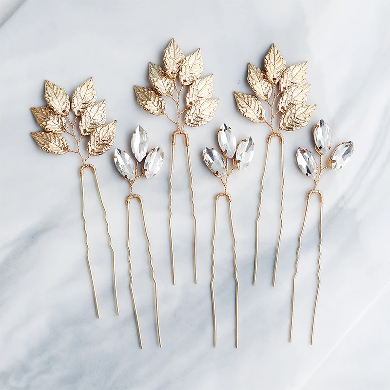 6pcs/lot Leaves Crystal Wedding Hair Pins Bridal Hair Clips Jewelry Accessories Headpieces for Women Hairpins