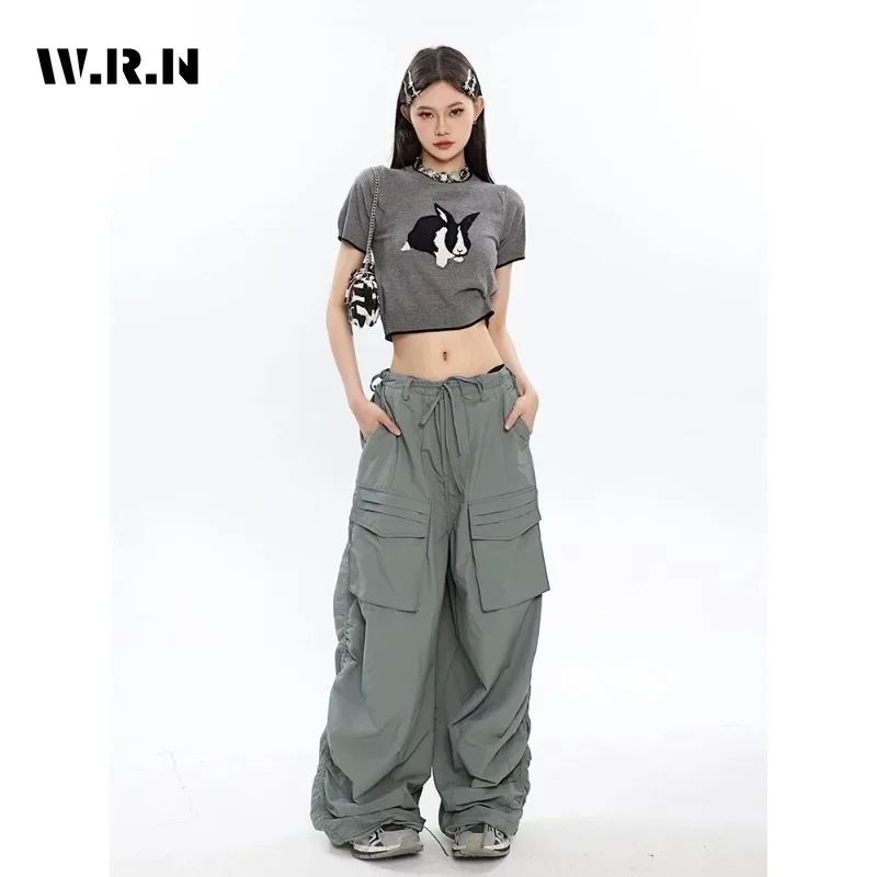 

Women's Street Y2K Wide Leg Solid Color Drawstring Baggy Cargo Pants Vintage Mopping Sweatpant Casual Daily Joggers Trousers