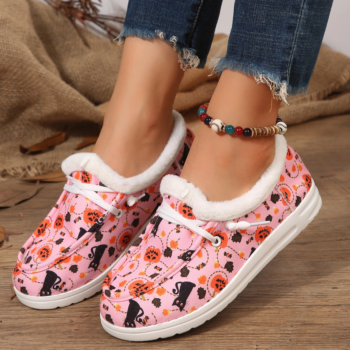 

Women's fashion plush inner flat winter printed cotton shoes casual shoes plus size online