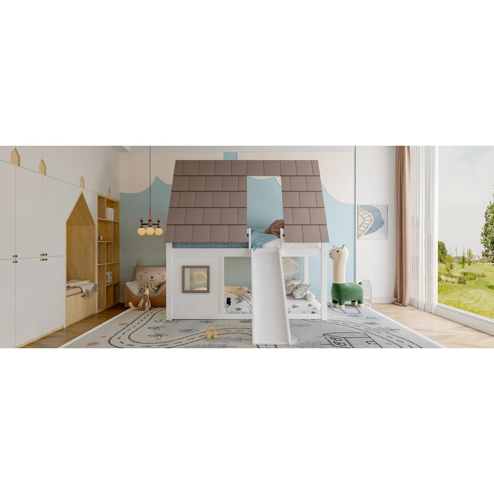 140 X 200cm Holz-Etagenbett mit Dach und Leiter, Hausförmiges Etagenbett mit Fenster und Integrierter Leiter, Geeignet für Schlafzimmer – Detail 38