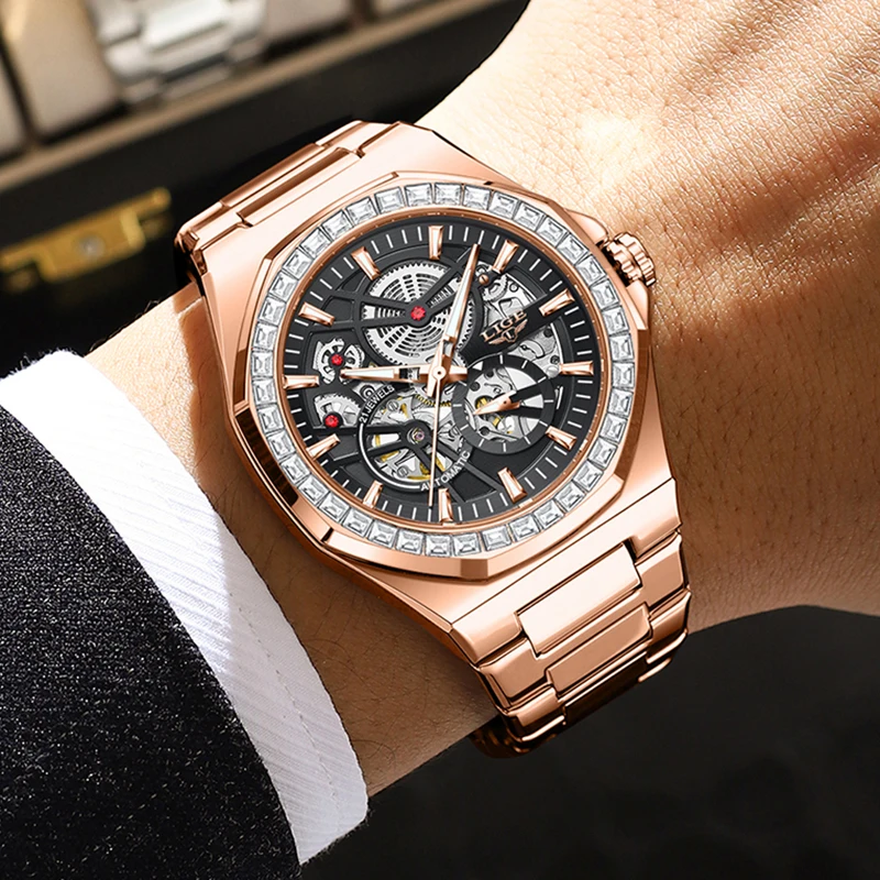 LIGE New Luxury Rose Gold Waterproof Watches For Men Casual Business Watch Men Luminous Automatic Men's Mechanical Wristwatch