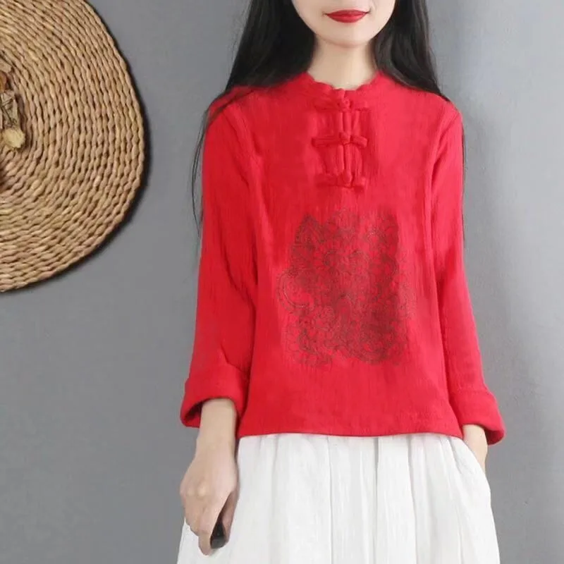 2022 Summer Chinese Style Ethnic Long Sleeve Women Retro Embroidery Blouse Red T-shirt Cotton Oversize Loose Ladies Casual Tops