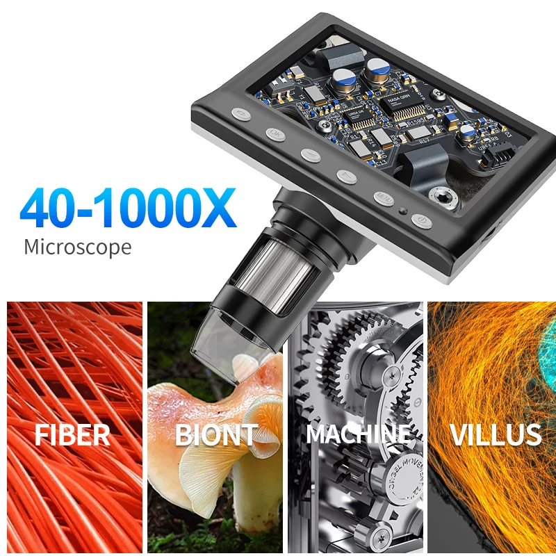 Digital Microscope 4.3 In LCD 40-1000X Coin Microscope USB Magnifier with High Stand 8 LED For Kids