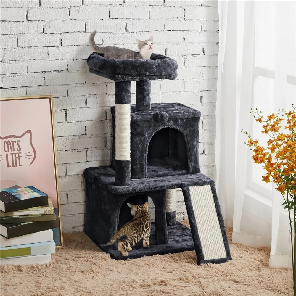 

Kittens Goods for Cats Climbing Tree 36” H Multilevel Plush Cat Tree With Double Condos and Furry Ball Black Scratching Post Pet