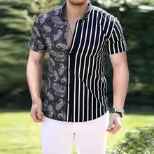 

Men Fashion Shirts Casual Black Splicing Striped Lapel Shirts Men Short Sleeve Blouse 2022 Summer Casual Shirts Male Tops