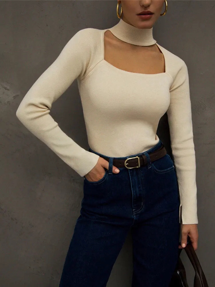 

Sexy Hollow Out Mock Neck Cropped Women's Sweater Y2k Bodycon Long Sleeves High Street Ribbed Jumper 2023 Office Lady Chic Tops